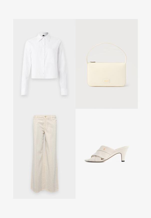 Hvid cropped button-up skjorte med lyseblå vertikale striber, lange ærmer, enkelt brystlomme og klassisk krave. Fabrik i bomuldsblanding.; Beige brede bukser med en glat tekstur, der har metaliske sølvfarvede pailletter arrangeret i et mønster hen over fronten og bagsiden.; Beige højhælede mules med et snoet læderstropdesign, åben tå og præget logoaccent. Hælen har en sort spidsdetalje.; Kremfarvet rektangulær håndtaske med en enkelt rem og lynlås øverst, med en lille præget logo-plakette foran.