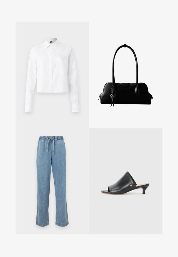 Weißes, kurz geschnittenes Hemd mit hellblauen vertikalen Streifen, langen Ärmeln, einer einzelnen Brusttasche und klassischem Kragen. Stoff aus Baumwollmischung.; Helle blaue Jeans mit elastischem Bund, Kordelzug und aufgerollten Säumen. Gerades Bein mit lässiger Passform.; Schwarze Leder-Pantoletten mit offenen Zehen und niedrigem Absatz. Sie verfügen über eine glatte Oberfläche und ein goldenes Logo-Detail an der Seite.; Schwarze Lederhandtasche von Calvin Klein mit langen Henkeln, einem vorderen Logo-Tag und einem silbernen geometrischen Anhänger, der an einem Henkel hängt.