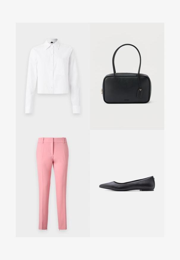 Hvid cropped button-up skjorte med lyseblå vertikale striber, lange ærmer, enkelt brystlomme og klassisk krave. Fabrik i bomuldsblanding.; Rosa skræddersyede bukser med en glat tekstur, lige ben og en lynlåsdetalje ved kanten. Den har bæltestropper og et fladt frontdesign.; Sort flad lædersko med spidst tåparti og lav hæl, vist i sideprofil mod en hvid baggrund.; Sort rektangulær håndtaske med dobbelte runde håndtag, gylden lynlås og præget "HUGO"-logo foran med fastgjort lædermærke.