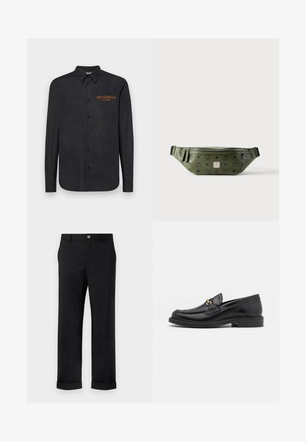 Must musta varrukatega särk, mis on valmistatud siledast kangast. Särgil on nupuga esiosa, terav krae ja rinnal oranž tikand "JUST CAVALLI MILANO".; Mustad püksid sileda kangaga, sirge lõikega, esikortsuga, nööbiga kinnitamise ja käiste rullitud servaga.; Mustad nahast loafers ümarate varvastega, millel on kuldne riistvaraline aksessuaar ja tikandite detail, paigutatud madalale, tekstureeritud kummist tallale.; Oliivroheline tekstuuriga nahast vöökott mustade logodega, hõbedase tõmbluku, kahepoolsete tõmblukukonksude ja keskmise hõbedase brändiplaadiga.