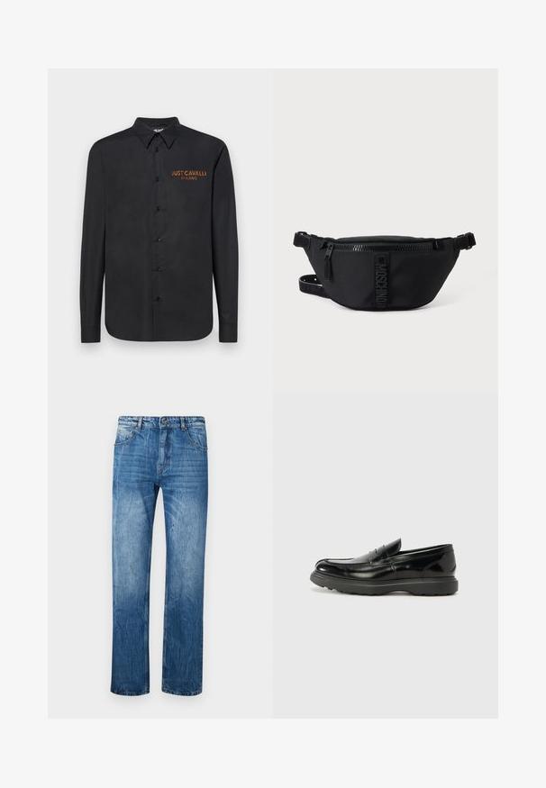 Sort langærmet skjorte lavet af glat stof, med knaplukning foran, spidse kraver og orange broderet logo "JUST CAVALLI MILANO" på brystet.; Blå denim jeans med lige fit, der har fem lommer, bæltestropper og subtilt slid på stoffet.; Sort læderloafer med en blank finish, rund tå, subtile syninger og en tyk gummisål for holdbarhed.; Sort Moschino bæltetaske med frontlynlås og justerbar rem på en ensfarvet lys baggrund.