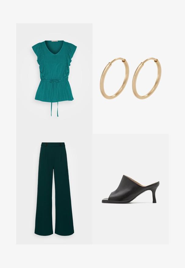 Anna Field by Zalando Topp - green; Laiad püksid tumeteal värvi kangast, millel on kõrge vöökoht kahe nupuga kinnitus, teravad voltimised ja sile, struktureeritud tekstuur.; Selected ASHLEY - Kontsaga tagant lahtised kingad - black; Kuldne rõngasõlg, millel on sile ja poleeritud viimistlus. Ümar kuju, keskmise suurusega, sisaldab turvalist kinnitussüsteemi.