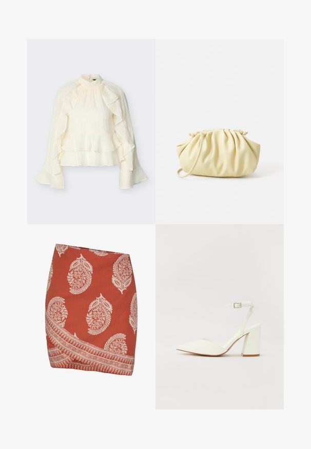 Crèmekleurige blouse met hoge hals en lange mouwen, voorzien van ruches langs de mouwen en zoom, gemaakt van een textuurrijke, lichtgewicht stof.; Roestkleurige rok met witte paisley- en bloempatronen. Heeft een diagonale zoom en een ingewikkeld randontwerp langs de onderrand.; Witte hakken sandaal met een puntige neus, verstelbaar enkelbandje en een stevige vierkante hak. Gladde textuur met minimale stiksels.; Geel geplooide handtas van soepel nepleer, met een zachte vorm, een enkele schouderriem en een verzameld ontwerp aan de bovenkant.