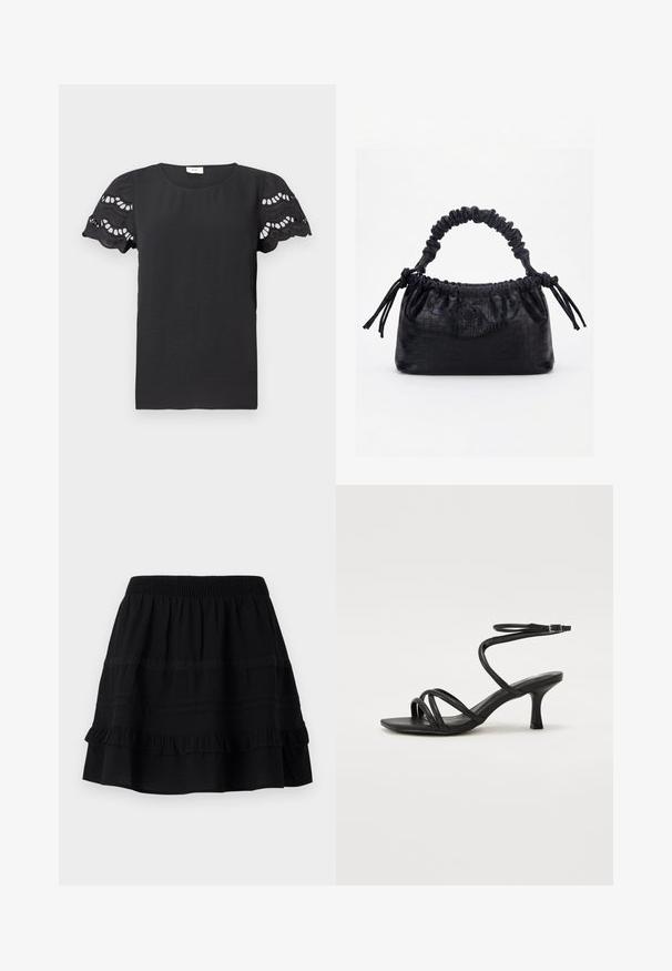 Blusa negra de manga corta con textura, con mangas de encaje recortadas en forma de ondas y escote redondo, sobre un fondo blanco.; Falda de algodón negra con un diseño de volantes en capas, que presenta una cintura elástica y adornos de costuras en contraste y bandas de encaje.; Even&Odd Wide Fit by Zalando Sandalias - black; Bolso negro con textura de cocodrilo, borde superior fruncido, asa recogida y cordones con borlas en cada lado sobre un fondo blanco.