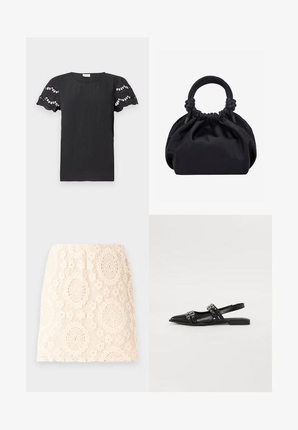 Sort tekstureret bluse med korte ærmer, skaldede blondeudskæringsærmer og rund halsudskæring på en hvid baggrund.; Blonde nederdel i creme med blomstermønster. Har komplekse ovale udsnit og en tætsiddende silhuet. Den teksturerede stof tilføjer et delikat udseende.; Even&Odd by Zalando Slingback-ballerinasko - black; Sort blød stofhåndtaske med samlet top og cirkulære polstrede håndtag bundet med knuder på hver side.