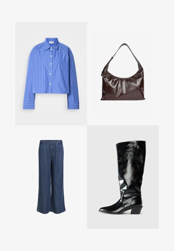 Chemise bleue raccourcie avec des rayures verticales blanches, col classique, manches longues et fermeture à boutons ; fabriquée en tissu lisse et léger.; Pantalon en denim bleu foncé à jambe droite avec une taille élastique et des passants de ceinture, sans poches visibles, présenté sur un fond blanc.; Botte noire montée jusqu'au genou en cuir brillant, avec un bout pointu et un petit talon bloc, au design élégant et ajusté.; Sac à bandoulière en cuir marron foncé avec une sangle réglable, des coutures verticales discrètes et une légère brillance.