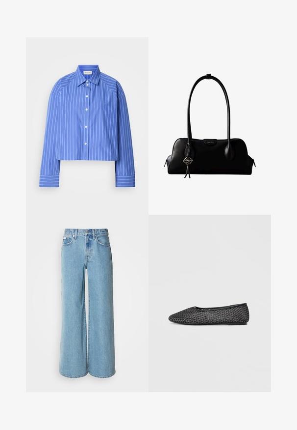 Beskaaret blå skjorte med lodrette hvide striber, klassisk krave, lange ærmer og knaplukning; lavet af glat, let stof.; Lyseblå brede jeans lavet af denim, med høj talje, fem-lomme design og subtil falming langs stoffet.; Sorte mesh balletflade med spidse tæer, tekstureret overdel med et geometrisk mønster og en flad gummisål.; Sort lædertaske fra Calvin Klein med lange håndtag, en forside-logo-tag og en sølv geometrisk vedhæng, der hænger fra det ene håndtag.