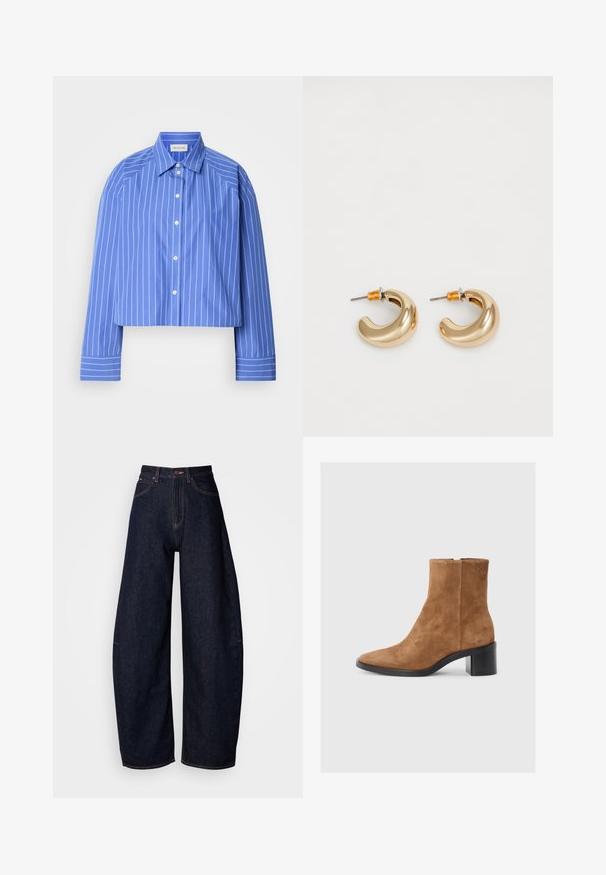 Camisa azul recortada con rayas blancas verticales, cuello clásico, mangas largas y botones en el frente; hecha de una tela suave y ligera.; Jeans de denim de color azul oscuro, de pierna ancha, con una cintura alta, corte recto, diseño de cinco bolsillos y costuras en contraste.; Botín tobillo de ante marrón con puntera afilada, tacón medio y sutil detalle de logotipo en relieve. Cierre de cremallera en el lateral.; Dos pendientes de aro dorados brillantes en un diseño curvado, con acentos naranjas cerca del poste, sobre un fondo blanco liso.