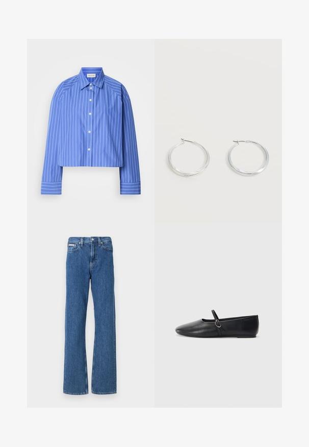 Kurzes blaues Hemd mit vertikalen weißen Streifen, klassischem Kragen, langen Ärmeln und Knopfleiste; hergestellt aus glattem, leichtem Stoff.; Blaue Denim-Jeans mit geradem Bein, mittelhohem Bund, Vordertaschen und dezenten Verwaschungen.; Schwarze Leder-Ballettschuhe mit spitzem Schuhzeug, flacher Sohle und einem kleinen Riemen mit silberner Schnalle.; Silberne Metallcreolen mit glatter, leicht gebogener Oberfläche und Klappverschluss vor schlicht weißem Hintergrund.