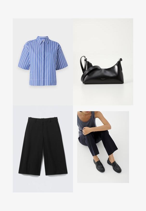 Chemise à col à manches courtes rayée bleue et blanche, avec une coupe ample et des boutons centrés. Texture de tissu lisse.; Shorts noirs sur mesure longueur genou avec passants de ceinture et poches latérales sur un fond clair uni.; Mocassins en cuir noir avec accents texturés, talon bas, bout arrondi, et coutures visibles. Modèle portant un pantalon sombre et un haut gris.; Sac à main en cuir noir avec une texture lisse. Dispose d'une bandoulière adjustable et d'un design élégant et minimaliste avec une fermeture éclair.