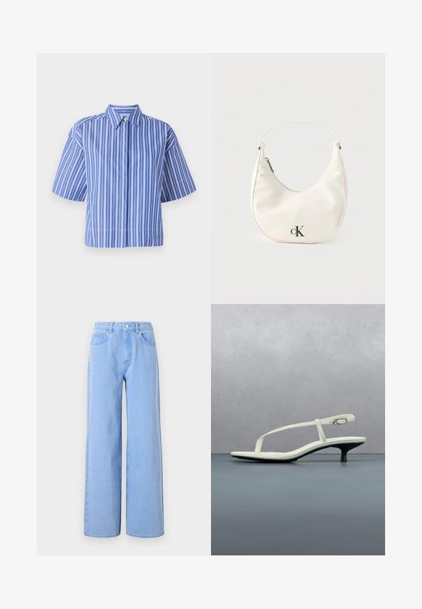 Camisa de manga corta a rayas en azul y blanco con cuello, que presenta un corte ancho y detalles de botones en el centro. Textura de tela suave.; Vaqueros de corte amplio de color azul claro, fabricados en denim. Presentan una cintura ajustada con trabillas para el cinturón y bolsillos frontales, detalles en las costuras y un dobladillo limpio.; Sandalia blanca de tacón kitten con tiras y punta afilada, flotando sobre un suelo de baldosas de madera al aire libre, con un fondo desenfocado de plantas y pared.; Pequeño bolso blanco en forma de media luna con correa corta, cierre de cremallera y logo negro "cK" en el frente.