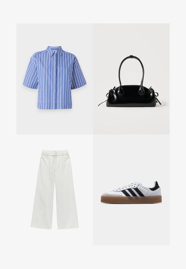 Blauw-witte gestreepte short-sleeve shirt met een kraag, met een boxy pasvorm en knoopdetails in het midden. Soepele stoftextuur.; Hoge taille wijduitlopende witte broek met riemlussen, knoop aan de voorkant, koordsluiting en zijzakken.; Witte leren sneakers met zwarte strepen, gumrubberen buitenzool, ronde neus, vetersluiting en een zachte grijze suède neuskap.; Kleine zwarte glanzende handtas met twee lange hengsels en zijkant trekkoord details op een effen lichte achtergrond.
