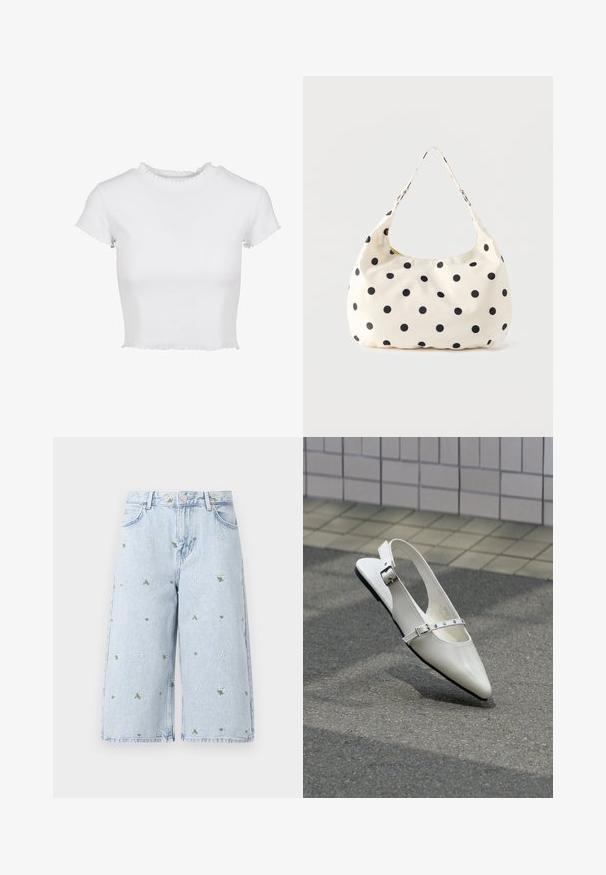 Hvid, kort t-shirt lavet af ribbet stof. Har korte ærmer med flagrende kanter og en rund halsudskæring med en flæse-detalje.; Lysvasket denimshorts med blomsterbroderi, der inkluderer margueritter og grønne blade. Klassisk fem-lomme design og en frynset kant.; Hvid spids slingback flad sko med to sølvspænder, vist udendørs på tekstureret underlag og flisebelagt væg baggrund.; Håndtaske i cremefarvet stof med sorte polkaprikker og en enkelt skulderrem, vist mod en ensfarvet hvid baggrund.
