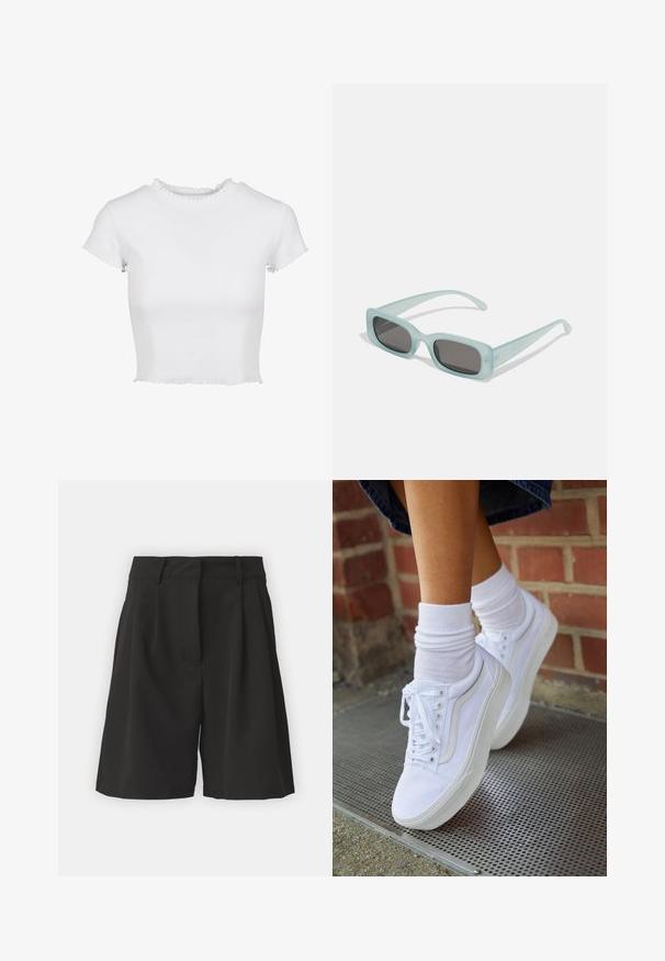 Hvid, kort t-shirt lavet af ribbet stof. Har korte ærmer med flagrende kanter og en rund halsudskæring med en flæse-detalje.; Sorte shorts med et skræddersyet design, der har læg foran, en bred talje, og en glat overflade. Ingen synlige lommer.; Hvide lærreds sneakers med gummisåler, der har seks snørehuller, rund tå og let sømdetaljer, krydret med hvide ankelstrømper.; Et par rektangulære solbriller med lyseblå gennemsigtige stel og mørkegrå linser, der har lige templer og minimale hardware detaljer.