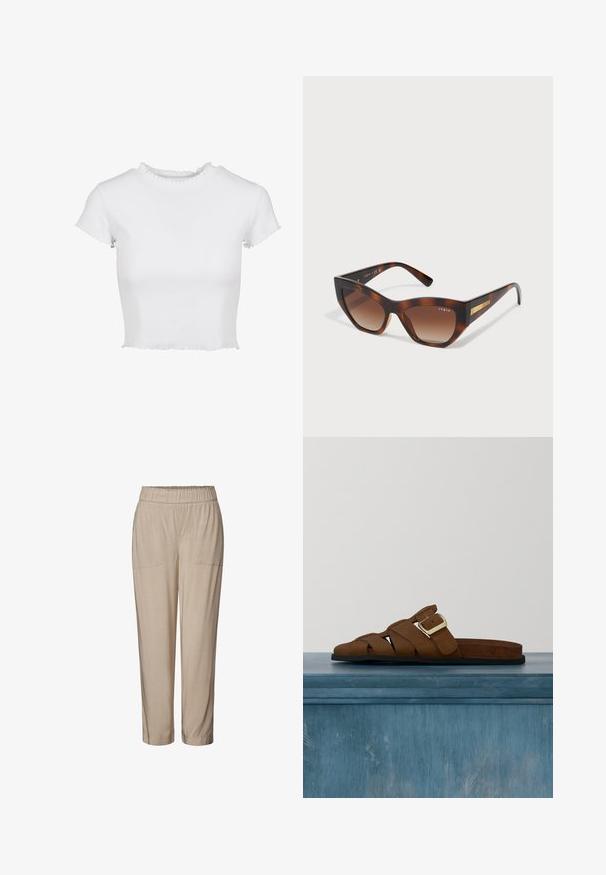 Camiseta blanca corta de tejido acanalado. Presenta mangas cortas con bordes deshilachados y un escote redondo con un detalle de volantes.; Pantalones beige con cintura elástica, dos bolsillos frontales, diseño de pierna entallada y textura suave. Adecuados para un uso casual o relajado.; Sandalia de cuero marrón con hebilla dorada y suela negra, flotando sobre un suelo de hormigón liso con fondo de vidrio a rayas verticales.; Gafas de sol de ojo de gato con un marco de carey brillante, lentes marrones degradados y detalles en dorado en las patillas.