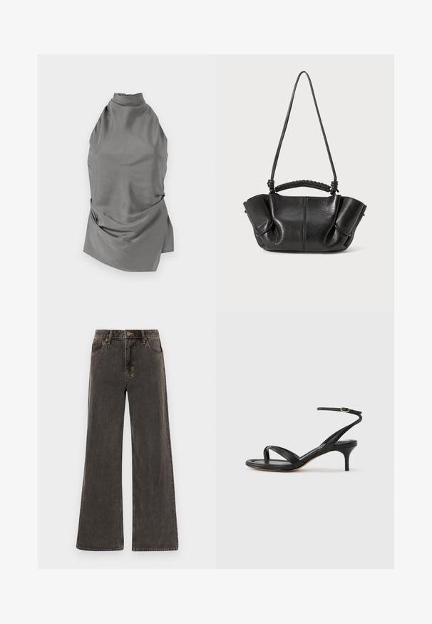 CLOSED HALTER NECK - Bluse - led grey; Bredde jeans i mørkegrå denim. Har høj talje, fem lommer og kontrasterende guld-syninger. Subtil slitage giver et struktureret udseende.; Sort damesandal i læder med tynde remme, en tå-loop, ankelspænde og en mellemhøj stiletthæl på en neutral baggrund.; Sort lædertaske med en struktureret overflade, bløde folder, dobbelte stropper og vævet detalje på håndtaget. Kompakt, med en åben-top design.
