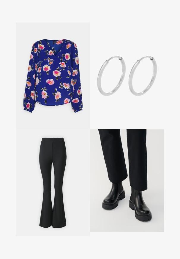 Vero Moda VMHYMS SAGA V NECK - Blúzka - sodalite blue/hyms; Čierne rozšírené nohavice vyrobené z elastického materiálu. S vysokým pásom a hladkým, priliehavým strihom, ktorý sa rozširuje od kolena nadol.; Osoba nosiaca čierne kožené členkové čižmy s hrubou podrážkou v kombinácii s čiernymi nohavicami so širokými nohavicami na bielom pozadí.; Strieborné kruhové náušnice, oblého tvaru, hladký lesklý povrch a rovnomerná šírka po celom obvode. Minimalistický dizajn bez ďalších akcentov.