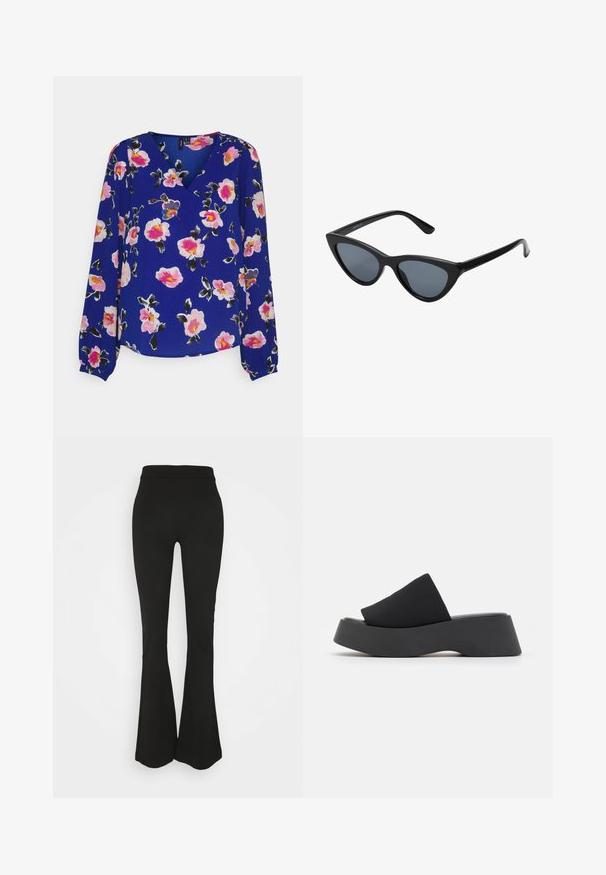 Vero Moda VMHYMS SAGA V NECK - Blouse - sodalite blue/hyms; Zwarte flared legging met een gladde textuur, hoge tailleband en aansluitende pasvorm, die aanloopt naar een flared ontwerp bij de enkel.; Call it Spring VENISE B.E.D FOAM - Muiltjes met hak - black; Zwarte cat-eye zonnebril met donkergrijze lenzen, slank plastic frame, puntige hoeken en rechte pootjes. Geen zichtbare hardware of accenten.