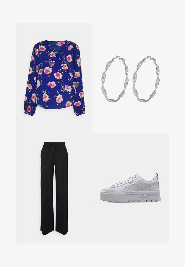 Vero Moda VMHYMS SAGA V NECK - Blouse - sodalite blue/hyms; Zwarte wijde pijpen broek gemaakt van zachte stof. Heeft een elastische tailleband met trekkoord, strakke lijnen en geen zichtbare patronen of accenten.; Witte platform sneakers met een leren bovenwerk, gevoerde kraag, grijze rubberen zool en gouden accenten met het Puma-logo.; Zilveren ringoorbellen met een gedraaide ontwerp, met een gestructureerd oppervlak en een veilige sluiting. Lichtgewicht en reflecterend met een vloeiende afwerking.