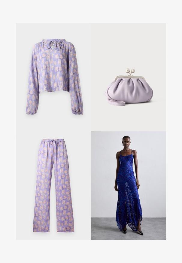 Blomsterbluse i lys lilla stof med lange puffede ærmer og en bundet halsudskæring. Har et delikat print af pink og grønne blomster.; Lyslilla blomstrede bukser med elastisk talje og snor. Har et blødt stof, vidde ben-design og et mønster af pink og grønne blomster.; Blå og lilla dyreprint maxi kjole med tynde stropper, en tætsiddende bodice, flagrende kant og gennemsigtig overlay-detaljering.; Blød lavendel clutch med opsamlet stof, sølv kiss-lock lås og matchende håndledsrem på en ensfarvet lys baggrund.