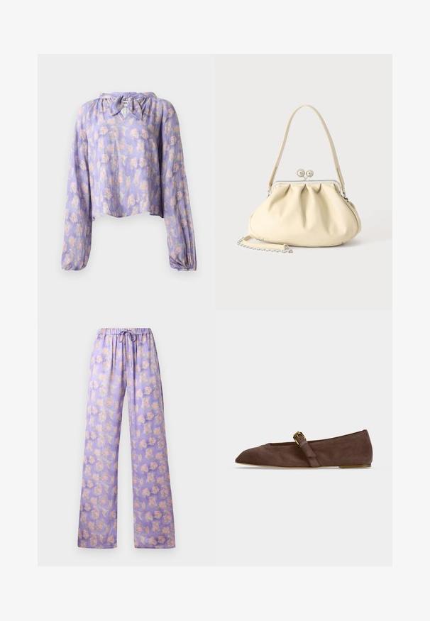 Blomsterbluse i lys lilla stof med lange puffede ærmer og en bundet halsudskæring. Har et delikat print af pink og grønne blomster.; Lyslilla blomstrede bukser med elastisk talje og snor. Har et blødt stof, vidde ben-design og et mønster af pink og grønne blomster.; Brun ruskind flad sko med spids tå og guldbeslået rem på siden, vist i profil mod hvid baggrund.; Cremefarvet blødt læder håndtaske med indsamlet design, sølvramme-lukkemekanisme, kort hank og aftagelig kæderem.