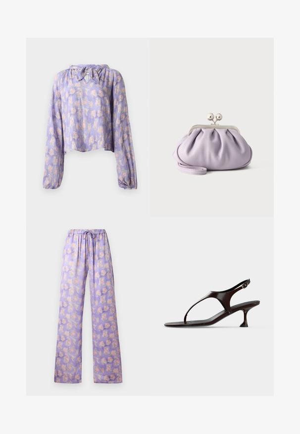 Blomsterbluse i lys lilla stof med lange puffede ærmer og en bundet halsudskæring. Har et delikat print af pink og grønne blomster.; Lyslilla blomstrede bukser med elastisk talje og snor. Har et blødt stof, vidde ben-design og et mønster af pink og grønne blomster.; Mørkebrun laklædersandal med rem bagpå, lille hæl og tårem på hvid baggrund.; Blød lavendel clutch med opsamlet stof, sølv kiss-lock lås og matchende håndledsrem på en ensfarvet lys baggrund.