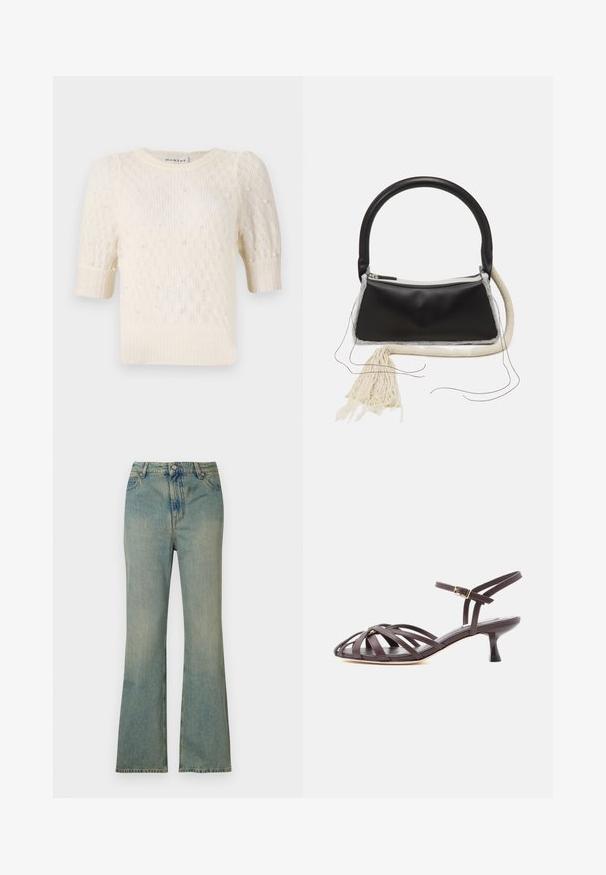 Cremefarvet sweater med korte pufærmer, fin strikket tekstur og perle-lignende udsmykninger i hele. Rund halsudskæring, afslappet design.; Lysblå denim flare jeans med høj talje, fem lommer og lynlås. Ren, falmet finish med subtile syninger.; Mørkebrun læder sandal med smalle remme, kitten heel og justerbar ankelrem med spænde på hvid baggrund.; Sort lædertaske med et afrundet håndtag, sølv lynlås, hvid pelskant og en lang cremet kvast hæftet på forsiden.