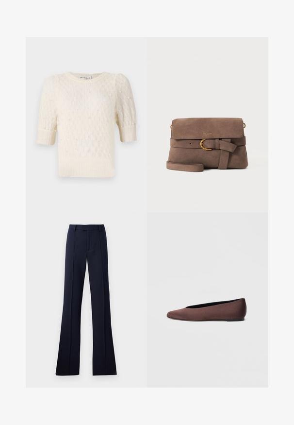 Crème-kleurige trui met korte pofmouwen, fijne brei structuur en parelachtige versieringen door het geheel. Ronde halslijn, casual ontwerp.; Navyblauwe, uitlopende broek gemaakt van een gladde stof. Heeft een platte voorkant, riemlussen en persplooien. Geen zichtbare patronen of accenten.; Bruine stoffen balletschoenen met een puntige neus en een gladde textuur, voorzien van een lage achterkant en een dunne zwarte zool. Geen zichtbare patronen of metalen onderdelen.; Bruine suède crossbodytas met voorflap, decoratieve band met gouden gesp en dunne schouderriem op een witte achtergrond.