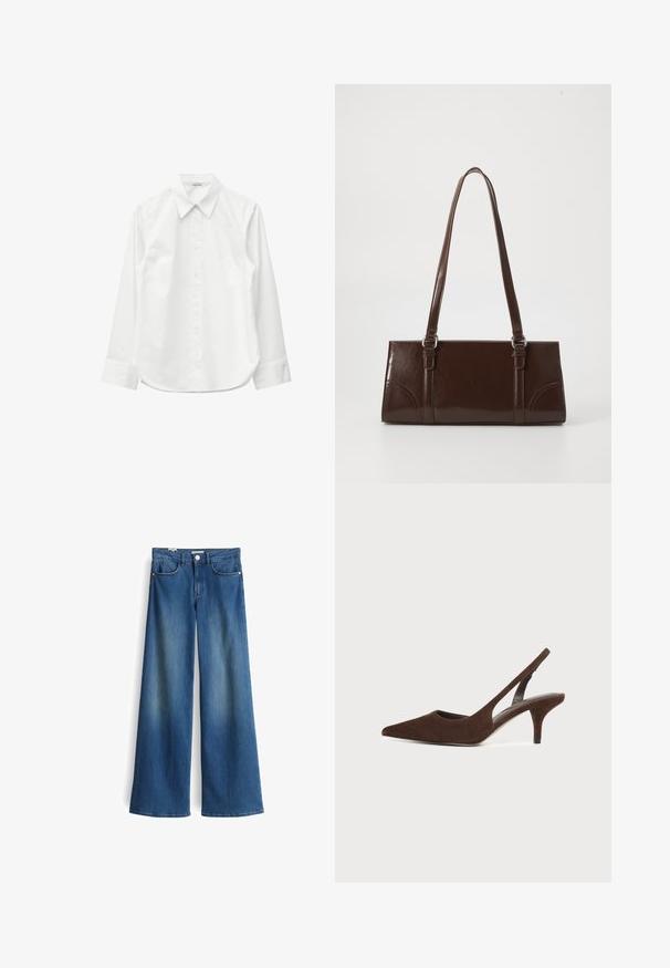 Wit overhemd met lange mouwen, knoopsluiting, puntige kraag en manchetten, vlakliggend getoond tegen een witte achtergrond.; Wijde denimjeans in medium blauw met een gladde textuur. Bevat twee voorzakken en een klassieke knoopsluiting bij de taille.; Donkerbruine suède slingback pump met spitse neus en kittenhak op een effen lichte achtergrond.; Bruine lakleren handtas met een rechthoekige vorm, twee lange handvatten en subtiele gebogen accenten aan de voorkant.