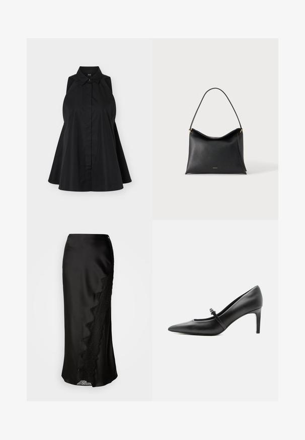 Vestido negro sin mangas con cuello esparcido y tapeta de botones oculta, silueta acampanada, exhibido sobre un fondo blanco.; Falda de satén negro con un acabado texturizado, dobladillo de encaje en un lado y una silueta recta. Incluye una abertura lateral discreta y cierre.; Zapato de tacón alto de cuero negro con punta puntiaguda, con tira fina y hebilla sobre el empeine, sobre fondo claro y neutro.; Bolso de mano negro de cuero con una sola correa y pequeño logo de marca dorado sobre un fondo claro y liso.
