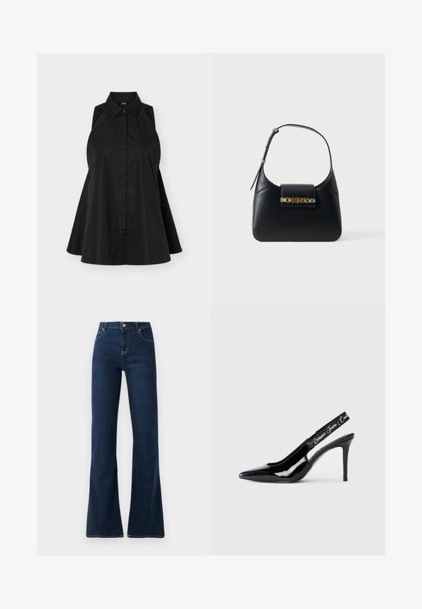 Zwarte mouwloze overhemdjurk met een spreidkraag en een verborgen knoopsluiting, uitlopende silhouet, getoond op een witte achtergrond.; Donkerblauwe flared jeans met een hoge taille, gemaakt van denimstof. Bevat twee voorkruiken en contrasterende stiksels langs de naden.; Zwarte patenten leren slingback hak met een puntige neus, met een uitsnijding en een elastische band met het merknamen erop.; Zwarte leren schoudertas met verstelbare band en gouden DKNY-logo op de voorflap tegen een witte achtergrond.