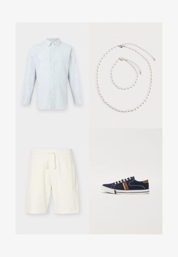 Chemise à manches longues à rayures verticales bleu clair et blanches avec col et poignets boutonnés.; Shorts blancs texturés mi-genoux avec taille élastique et cordon, dotés de poches latérales et d'une coupe décontractée.; Baskets en toile marine avec fermeture lacée blanche, accents marron et détails de bande latérale. Dotées d'une semelle en caoutchouc et d'une couture contrastante.; Collier de perles et bracelet assorti avec fermoirs en chaîne argentée disposés sur un fond blanc.