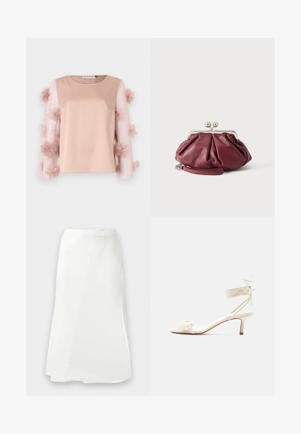 Top de color rosa claro con un cuerpo de satén sólido. Las mangas transparentes presentan flores de tela dispersas, añadiendo textura y detalle. Escote redondeado.; Falda blanca de línea A con detalles de costura sutiles y una textura suave, mostrada sobre un fondo gris claro liso.; Sandalia de tacón bajo color crema con lazos alrededor del tobillo y una amplia tira retorcida sobre los dedos, sobre un fondo blanco liso.; Pequeño bolso de mano de cuero burdeos con cierre metálico plateado y correa de muñeca sobre fondo blanco.