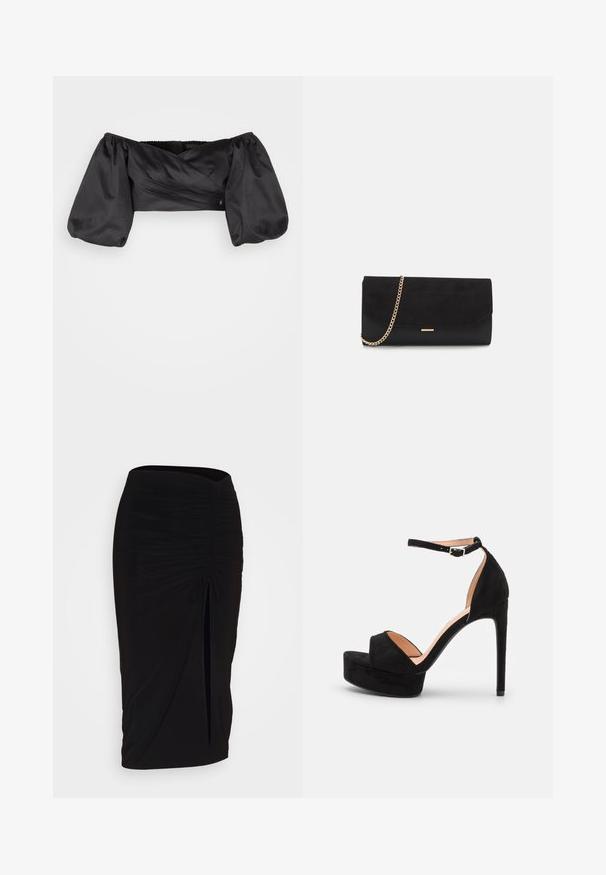 Guess OFF SHOULDER CROPPED JUN SHIRT - Blouse - jet black; Jupe crayon noire froncée avec détail à nouer et fente latérale. Fabriquée à partir d'un tissu extensible, elle présente une texture lisse et une coupe ajustée.; Sandale à talons hauts en daim noir avec une semelle compensée, bride de cheville avec quincaillerie en argent, design à bout ouvert et texture lisse.; Porte-monnaie noir en daim avec une finition texturée, doté d'une chaîne dorée et d'un design épuré et angulaire.