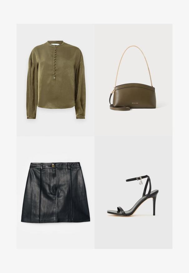 Olijfgroene blouse met lange mouwen, hoge kraag en een verticale rij van met stof bedekte knopen langs het midden voor.; AERON RUDENS SKIRT - A-lijn rok - black; Zwarte sandaal met hoge hak, smalle enkelband, vierkante neus, soepel leermateriaal en metalen gespsluiting.; Olijfgroene Michael Kors-handtas met gouden kettingschouderband, gebogen bovenkant en klein goud logo aan de voorkant, getoond tegen een witte achtergrond.