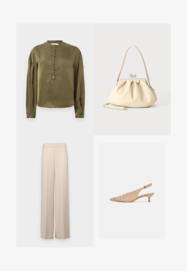 Blouse à manches longues vert olive avec un col haut et une rangée verticale de boutons recouverts de tissu sur le devant.; Pantalons larges beiges en tissu lisse, dotés d'une taille haute et de plis avant discrets. Pas de poches ni de détails en matériel visibles.; Chaussure beige à bouts pointus avec dessus perforé, petit talon kitten, et bride réglable à boucle dorée sur fond blanc.; Sac à main en cuir souple couleur crème avec un design froncé, fermoir cadre argenté, poignée courte et bandoulière chaîne amovible.