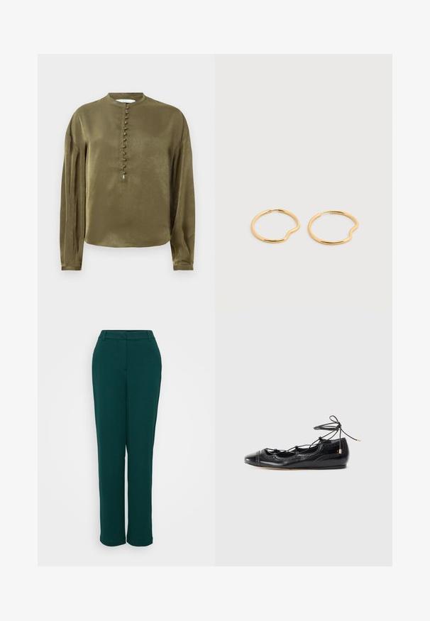 Blusa de manga larga verde oliva con cuello alto y fila vertical de botones forrados de tela en el centro delantero.; Pantalones de tiro alto verdes con un diseño de pierna recta, fabricados con una tela suave, que cuentan con bolsillos frontales y una cinturilla discreta.; Bailarinas de charol negro con detalles recortados y cierre de cordones. Presentan puntera redondeada y acentos decorativos perforados.; Par de pendientes de aro delgado en oro con una pequeña hendidura curva en cada aro, sobre un fondo claro y liso.