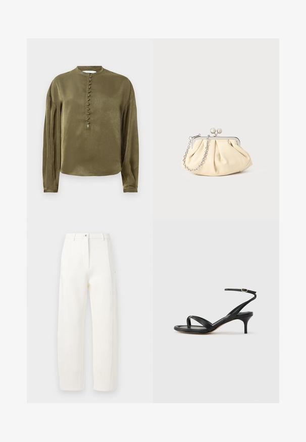 Blouse à manches longues vert olive avec un col haut et une rangée verticale de boutons recouverts de tissu sur le devant.; Pantalons blancs ajustés avec une coupe droite, plis avant, fermeture éclair et bouton, et poches latérales. Tissu lisse avec une finition mate.; Sandale pour femme en cuir noir avec fines lanières, une boucle d'orteil, une boucle à la cheville et un talon aiguille de hauteur moyenne sur un fond neutre.; Pochette en cuir beige plissé avec un cadre en métal argenté, dotée de deux fermoirs ronds décoratifs et d'une chaîne en argent.