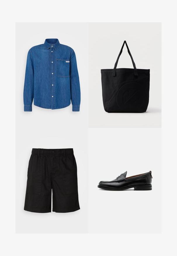 Blå denim skjorte med knapper, spidse krave, lange ærmer, brystlomme og et logo på lommen. Glat, holdbart stof.; Sorte shorts med elasticiseret talje og knaplukning. Har to store sidelommer med et struktureret stof. Casual design.; Sort læder herre loafer med moc-tå syning, penny strop, struktureret krave og lav stablet hæl på hvid baggrund.; Sort canvas-tote-taske med to skulderstropper og et diskret præget cirkeldesign på fronten.