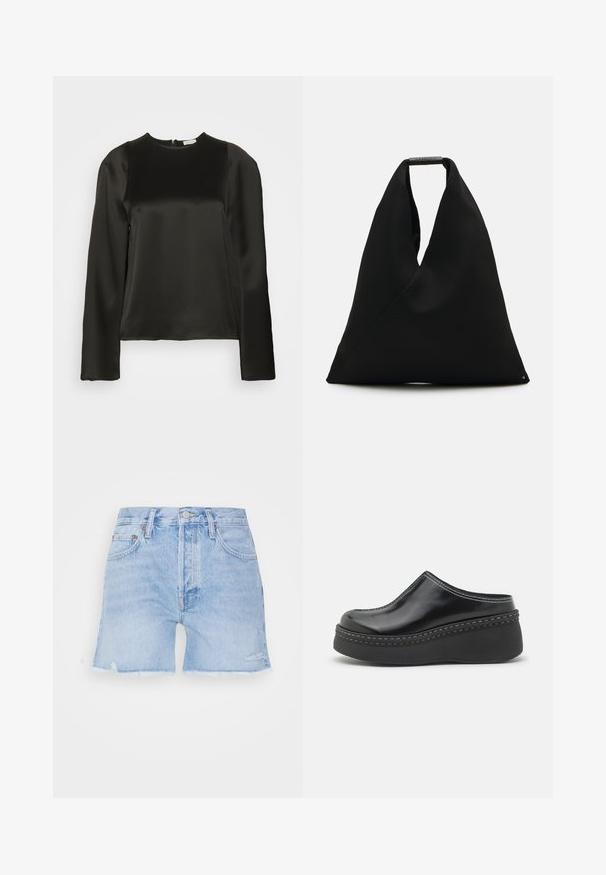 Sort satin langærmet bluse med rund halsudskæring og lynlås i ryggen. Glat tekstur, tætsiddende design, minimale syninger og ren silhuet.; Denim shorts i lys blå med en frynset kant. Har klassisk fem-lomme design, knaplukning og let slid på stoffet.; Sorte blanke klodser med platform, rund tå, buet overdelen og kontrasterende hvid sting langs kanten af sålen.; Sort stof tote bag med et unikt V-formet design og en glat overflade. Har et kort håndtag med minimalistisch hardware detaljer.