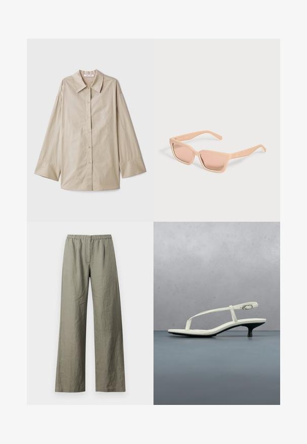 Beige pitkähihaine paita, jossa on suuri terävä kaulus, nappisulku ja leveät hihansuut. Valmistettu sileästä, kevyestä kankaasta.; Samsøe Samsøe SATOVE TROUSERS - Housut - vetiver; Valkoinen remmikiilakorkosandaali, jossa on kärjestään kärkikärkinen varvas, leijuu puulattian päällä ulkona sumean kasvi- ja seinätaustan edessä.; Suorakaiteen muotoiset vaalean persikanväriset aurinkolasit, joissa paksut kehykset ja värilliset linssit, yksinkertaisella vaalealla taustalla.
