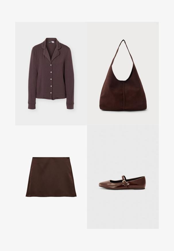 Chemise marron foncé à manches longues avec col et cinq boutons blancs, présentée sur un fond uni gris clair.; Jupe en A marron en tissu doux, présentant une texture lisse et une fermeture éclair latérale dissimulée.; Ballerine en cuir verni marron avec un bout carré et une lanière ornée d'une petite boucle dorée. Texture lisse, talon bas et design minimaliste.; Sac hobo en daim marron avec une grande ouverture courbée et une large bandoulière. Présente une couture centrée à l'avant. Texture lisse.