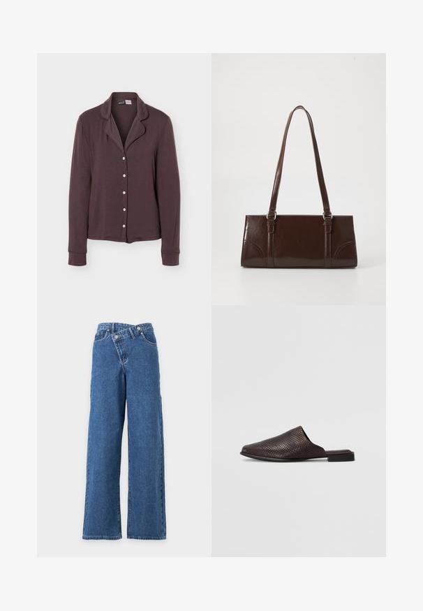 Camisa de manga larga color marrón oscuro con cuello y cinco botones blancos, exhibida sobre un fondo liso de color gris claro.; Vaqueros de mezclilla azul de pierna ancha con cintura alta y cierre frontal de botones superpuestos sobre un fondo blanco liso.; Mule negro sin cierres hecho de material texturizado con un patrón de reptil, que presenta un tacón bajo y plano y un diseño de punta redondeada y abierta.; Bolso de mano de piel sintética marrón con forma rectangular, dos asas largas y sutiles acentos curvados en la parte delantera.
