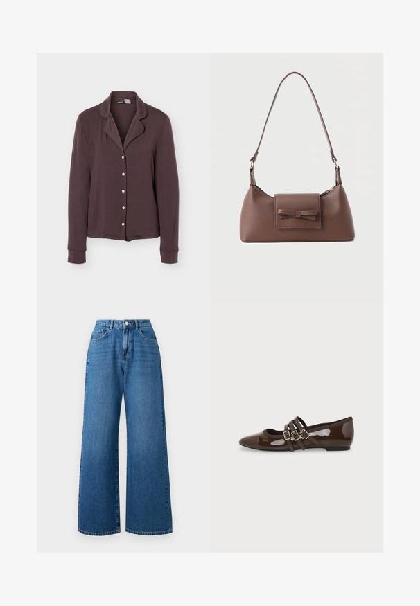 Chemise marron foncé à manches longues avec col et cinq boutons blancs, présentée sur un fond uni gris clair.; Jean en denim bleu à jambes larges avec une taille haute, présentant un design à cinq poches, une fermeture à bouton à l'avant et un délavage subtil sur le tissu.; Chaussure plate en cuir verni marron avec bout pointu et trois brides ajustables à boucle sur le côté, vue du profil extérieur.; Sac à bandoulière en cuir marron avec une poche à rabat avant ornée d'un détail en forme de nœud cousu et une sangle réglable.