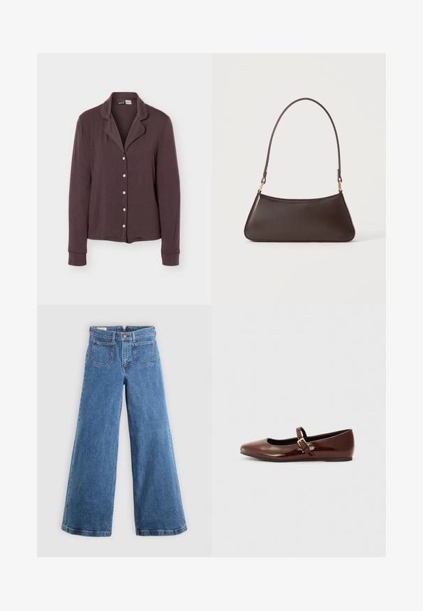 Camisa de manga larga color marrón oscuro con cuello y cinco botones blancos, exhibida sobre un fondo liso de color gris claro.; Jeans de pierna ancha de talle alto en azul, con bolsillos frontales de parche, trabillas para cinturón, cierre de botón y cremallera, sobre un fondo liso.; Bailarina de charol marrón con punta cuadrada y tira que presenta una pequeña hebilla dorada. Textura suave, tacón bajo y diseño minimalista.; Bolso de mano de piel marrón oscura con cremallera superior curva y una correa fina para el hombro con cierres dorados sobre un fondo liso.