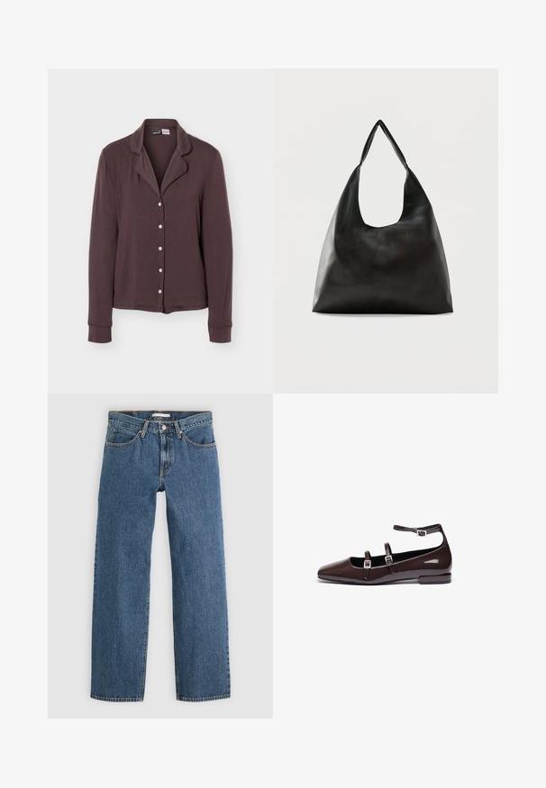 Mørkebrun langærmet skjorte med knapper, krave og fem hvide knapper, vist på en ensfarvet lysegrå baggrund.; Blå denim jeans med lige pasform, der har fem lommer, knaplukning og kontrastsyninger langs sømmene.; Brune patentlæder flade sko med spids tå, der har to justerbare stropper og sølvspænder samt en lav, firkantet hæl.; Sort skuldertaske i glat læder med en bred, enkelt strop og et afslappet, minimalistisk design mod en ensfarvet baggrund.