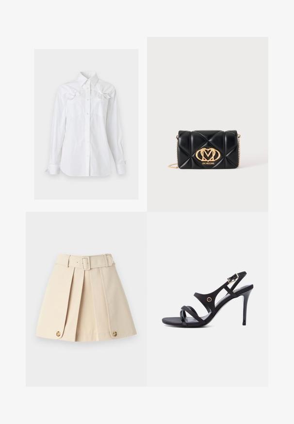 Camisa blanca de manga larga con cuello y dos bolsillos en el pecho, cada uno con un lazo decorativo cerca de la parte superior.; Falda de plisado beige con una cintura ajustada, amplios lazos para cinturón y botones decorativos en el dobladillo. Confeccionada con una tela suave y ligera.; Sandalia negra de tacón alto con tiras finas, hebilla en el tobillo y un tacón de aguja delgado sobre un fondo blanco.; Bolso de mano negro acolchado de cuero con correa de cadena dorada y logotipo dorado de Love Moschino en el centro delantero.