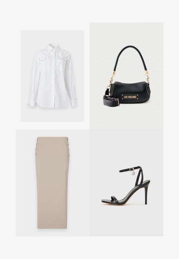 Weißes, langärmliges Hemd mit Kragen und zwei Brusttaschen, jeweils mit einer dekorativen Schleife nahe dem oberen Rand.; Beige Bleistiftrock aus glattem Stoff, mit seitlichen Knöpfen, einer schlanken Silhouette und ohne sichtbare Taschen oder Muster.; Schwarze High-Heel-Sandale mit schmalem Knöchelriemen, quadratischer Zehenbox, glattem Leder und metallischem Schnallenakzent.; Schwarze Moschino-Handtasche mit goldfarbenen Beschlägen, abnehmbarem, gebrandetem Schulterriemen und geschwungenem Griff vor schlichtem hellem Hintergrund.