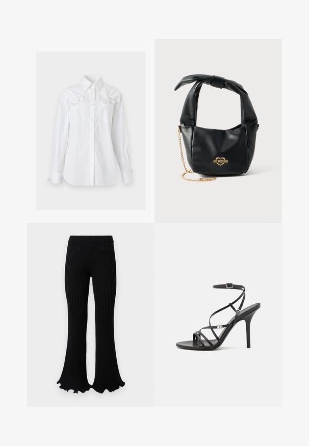 Chemise blanche à manches longues, boutonnée, avec un col et deux poches poitrine, chacune ornée d'un noeud décoratif près du haut.; Rabanne Pantalon classique - black; Sandale noire à talons hauts avec des brides fines, une boucle à la cheville, une surface en cuir lisse et un talon aiguille élancé.; Sac à main Love Moschino en cuir noir souple avec poignée nouée et bandoulière chaîne dorée sur fond blanc.
