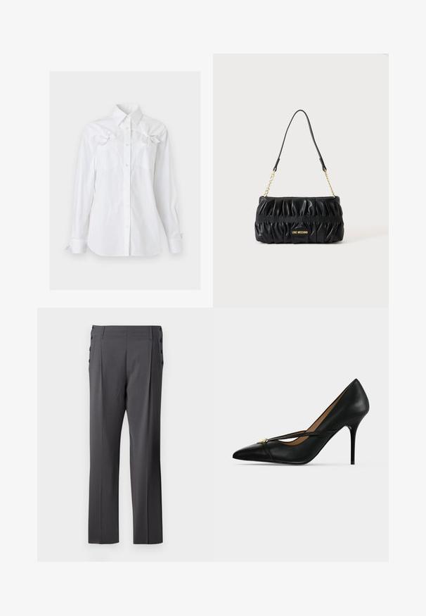 Camisa blanca de manga larga con cuello y dos bolsillos en el pecho, cada uno con un lazo decorativo cerca de la parte superior.; Pantalones gris ajustados con diseño de pierna recta, pliegues frontales y botones decorativos en los laterales para un detalle adicional. Textura de tela suave.; Zapato de tacón alto de cuero negro con punta afilada y una delgada correa en la parte superior asegurada con una pequeña hebilla dorada sobre un fondo liso.; Bolso de mano de cuero negro fruncido con cadena dorada y placa con el logo "Love Moschino" en el centro frontal.